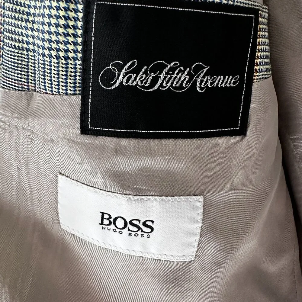 Hugo Boss Saks Fifth Avenue Men's Blazer Plaid 2 Button Shoulder Pads Green Gray